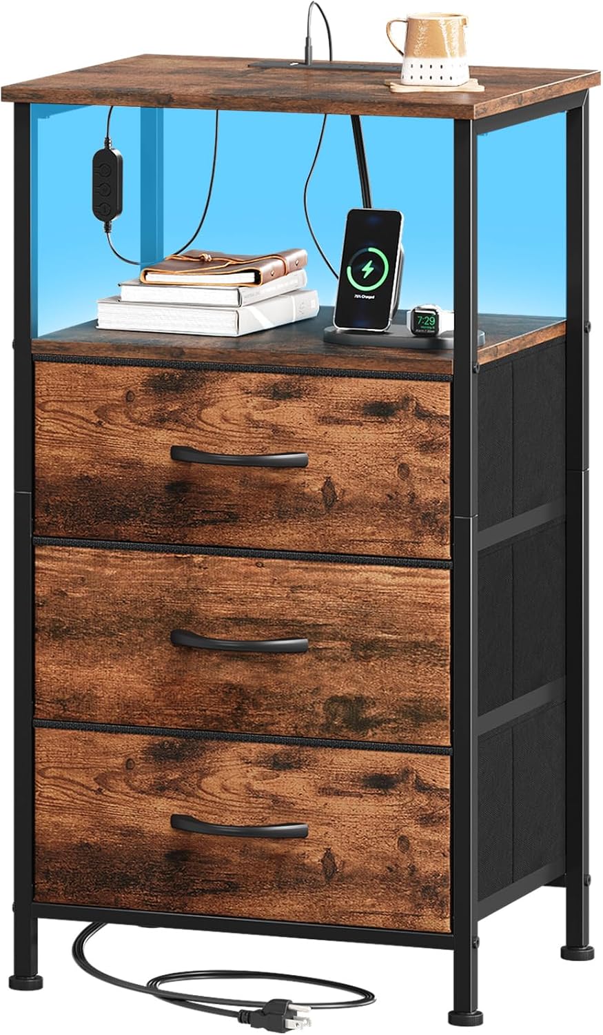 somdot tall nightstand with 3 drawers, charging station, main product view