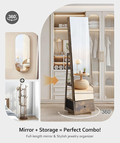 nicetree 360° swivel jewelry cabinet, full length mirror shown in use