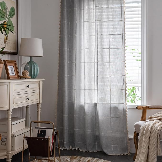 ColorBird Farmhouse Semi-Blackout Window Curtains 2 Panels Embroidery Lattice - Image 2