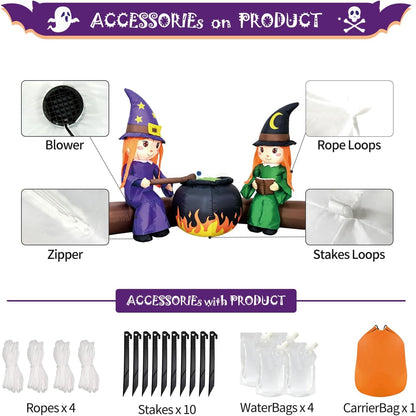 DomKom 6FT Halloween Inflatable Blow Up Decorations, Cute Witches with Cauldron Over Campfire, Built-in LEDs for Holiday Party, Garden, Lawn, Yard, Patio Décor