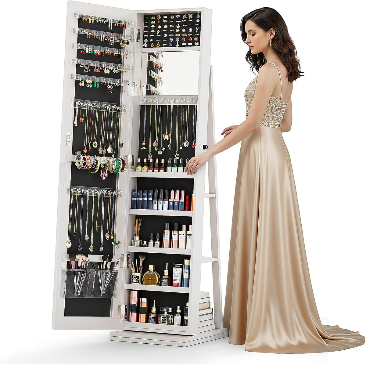 4-in-1 jewelry armoire with jewelry organizer storage, white, main product view