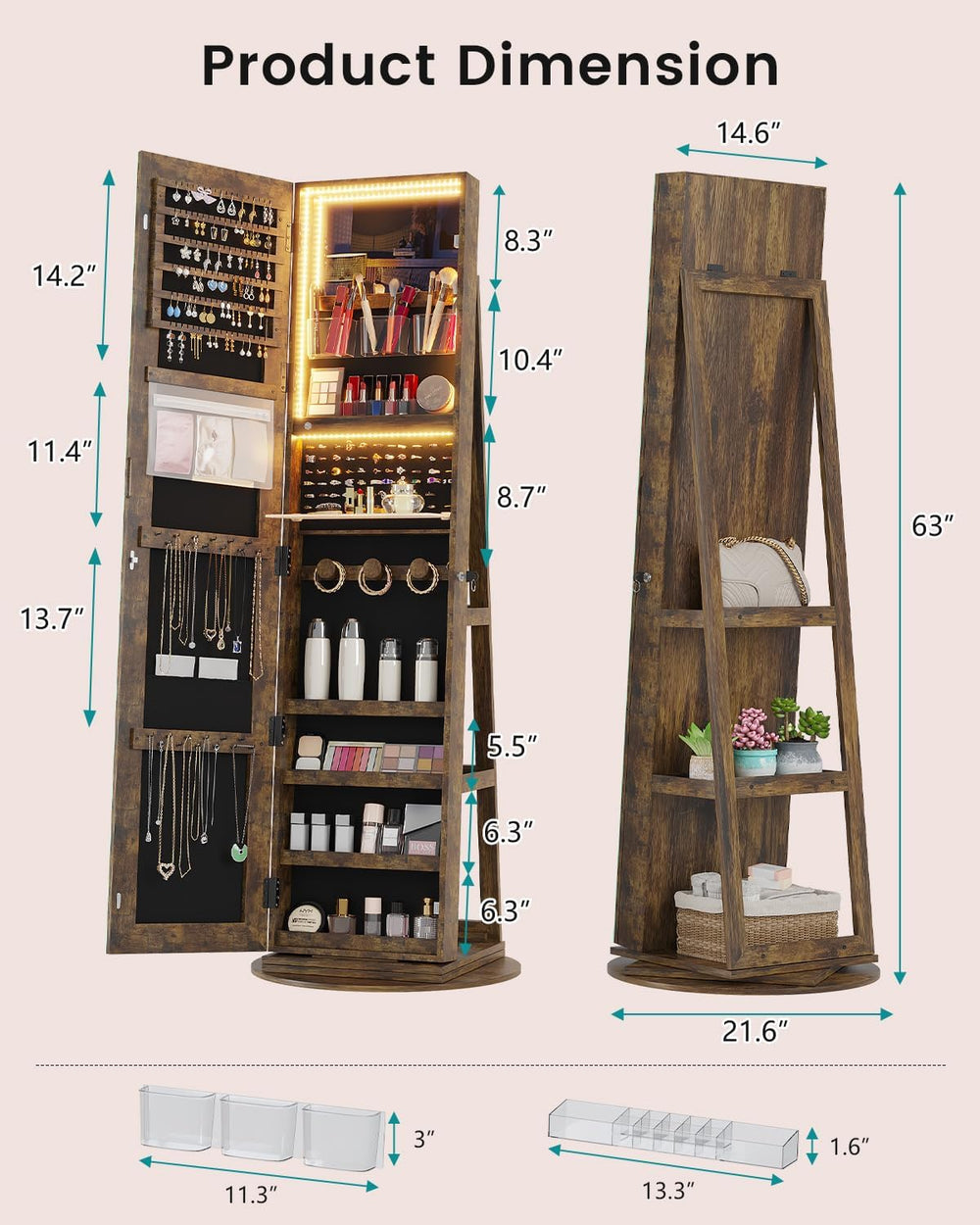 HWB 360° Swivel Mirror Jewelry Cabinet, 3 LED Lights, Lockable, Brown