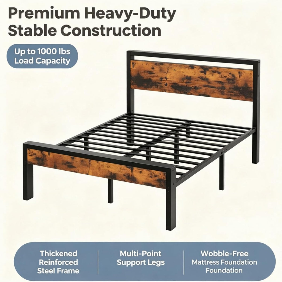 olixis metal queen bed frame with wood headboard, close-up detail
