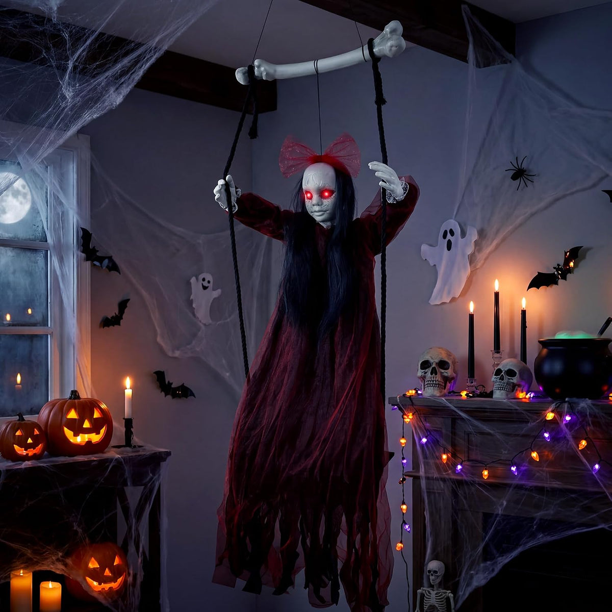 Halloween Decorations Outdoor, Creepy 57” Hanging Swinging Ghost Doll Girl, Sound/Touch Activated Hanging Ghost, Light-Up Red Eyes Halloween Haunted House Prop for Porch Yard Tree Garden Graveyard
