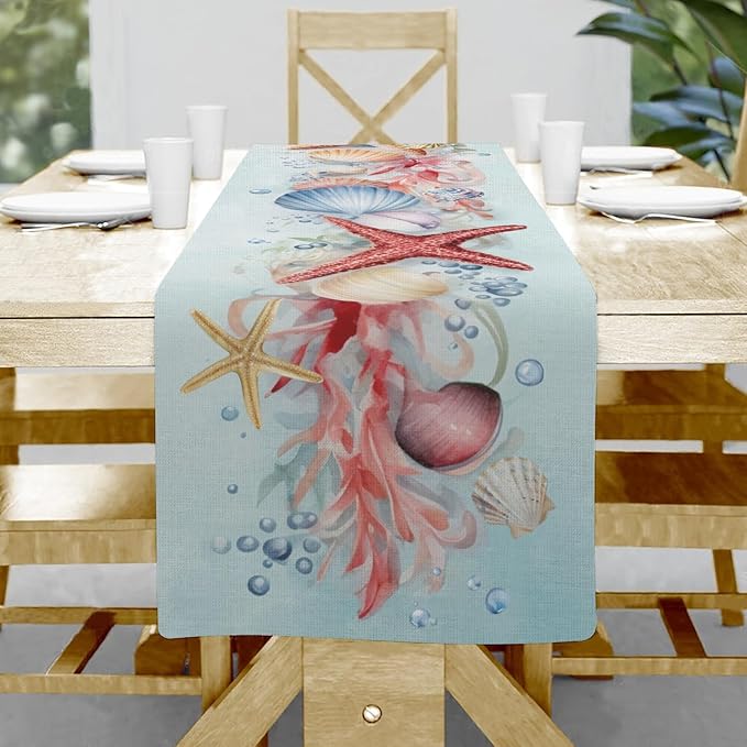 Ocean Starfish Table Runner, Linen Farmhouse Table Cloth Decor, Table Runner by Hliyty