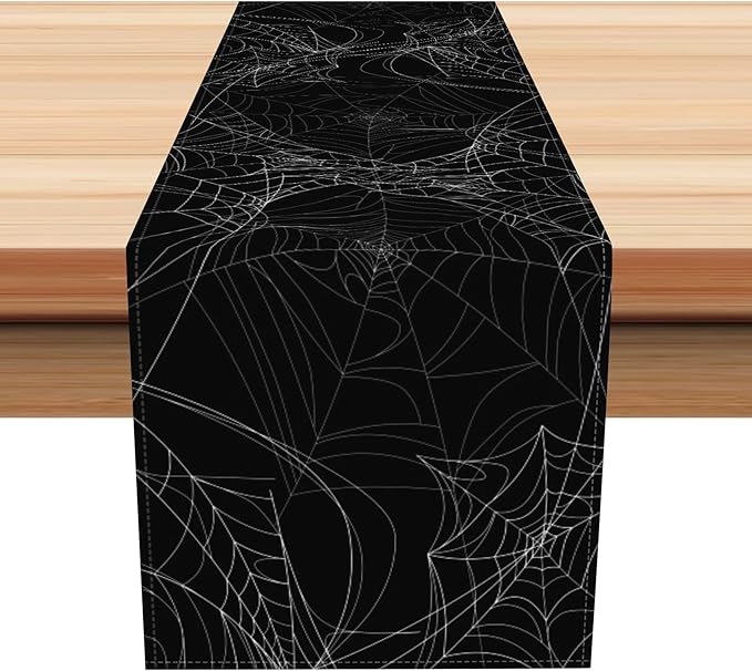 Happy Halloween Table Runner Horror Black Spider Web Kitchen Dining Table by Kzzfqxb