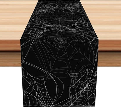 Happy Halloween Table Runner Horror Black Spider Web Kitchen Dining Table by Kzzfqxb