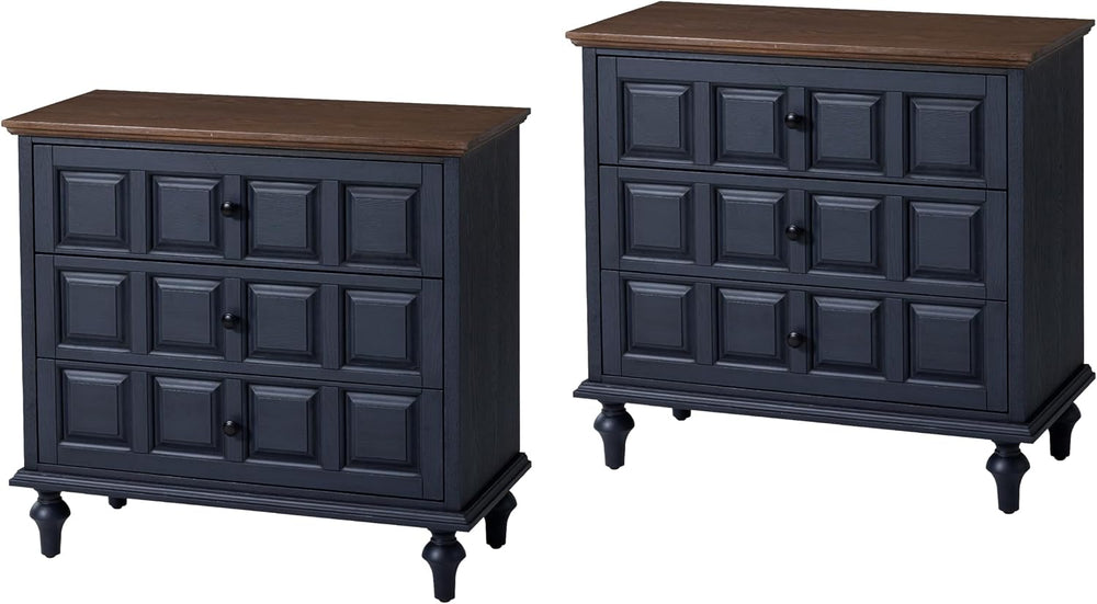 Aoikax Retro 3 Drawer Dresser X 2P, Natural Wood, Dark Blue