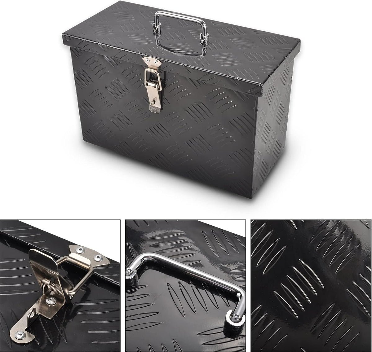 aluminum truck tool box with top handle, black(16"×7.5"×10") showing dimensions