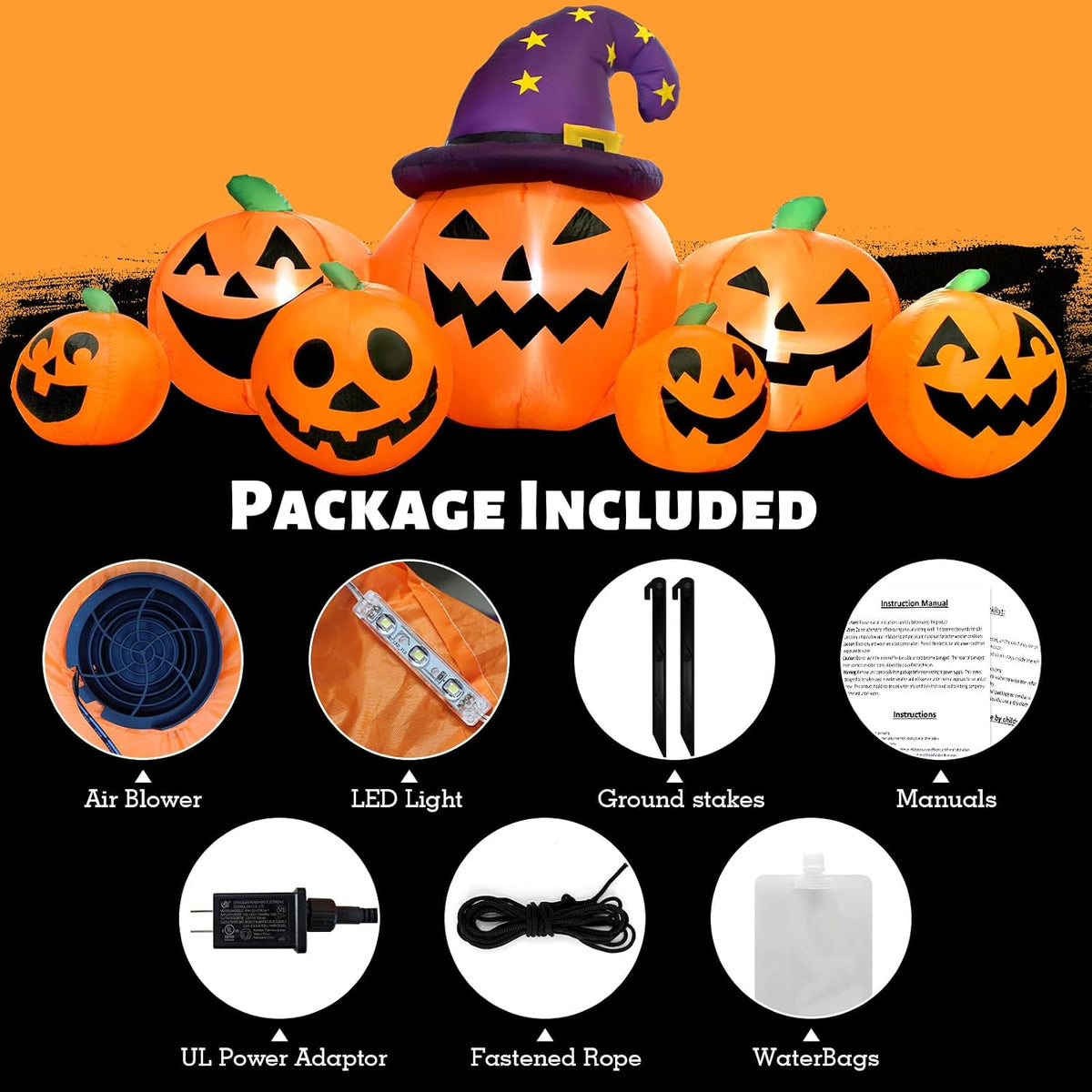 8FT Long Halloween Inflatables Pumpkin Outdoor Decorations, Halloween Blow Ups Inflatable Pumpkin for Yard, Garden, Lawn with Witch Hat