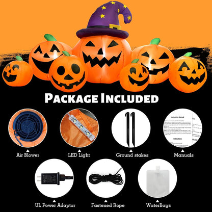 8FT Long Halloween Inflatables Pumpkin Outdoor Decorations, Halloween Blow Ups Inflatable Pumpkin for Yard, Garden, Lawn with Witch Hat