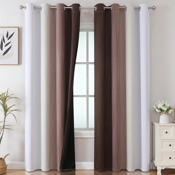 Estelar Textiler Brown and Greyish White Ombre Blackout Curtains 90 Inch Length - Image 2