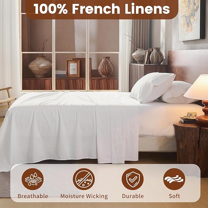 100% Linen Sheets King Size, Breathable & Durable 4-Piece Bed Flax Sheet Set - Image 2
