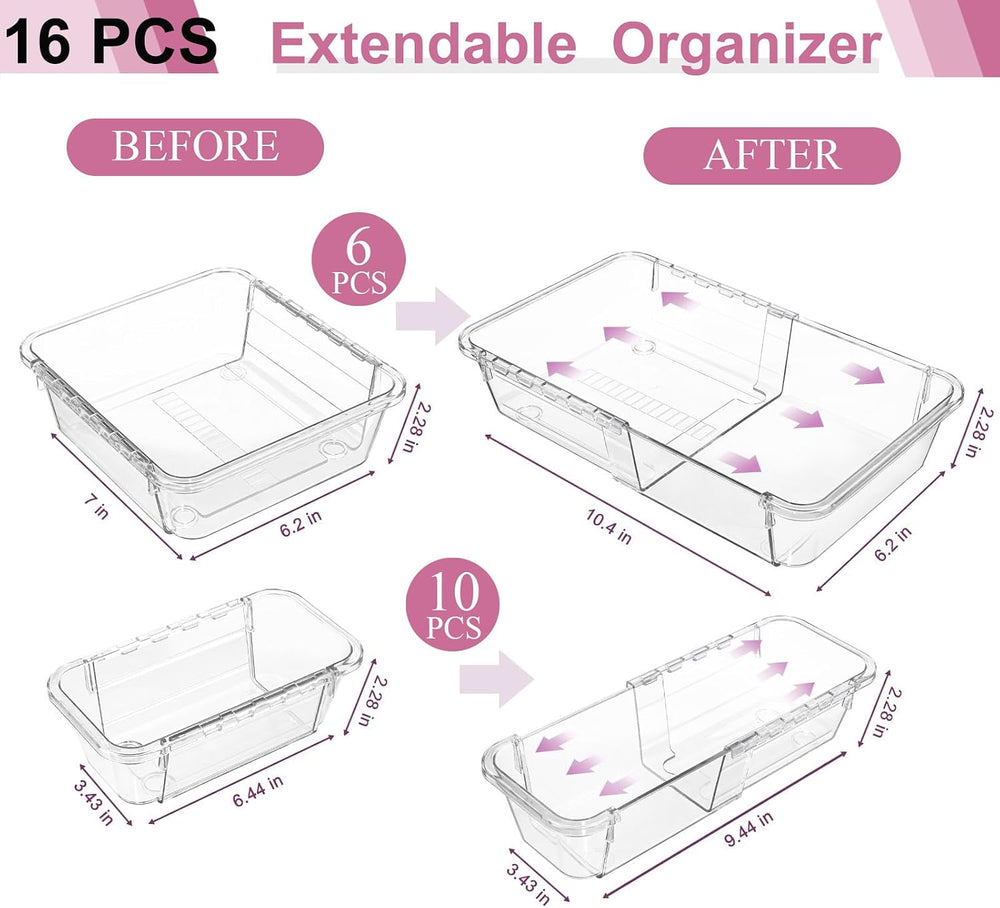 16 Pcs Extendable Clear Drawer Organizer, All Adjustable Vanity Storage Box, ...