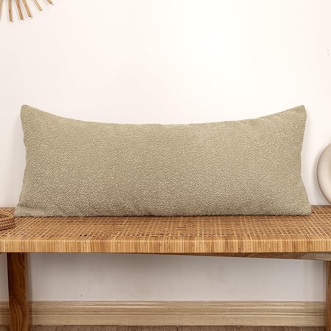 14x36 inch Boucle Lumbar Pillow Cover, Camel Woven Texture Neutral Long Pillow by JoraLion