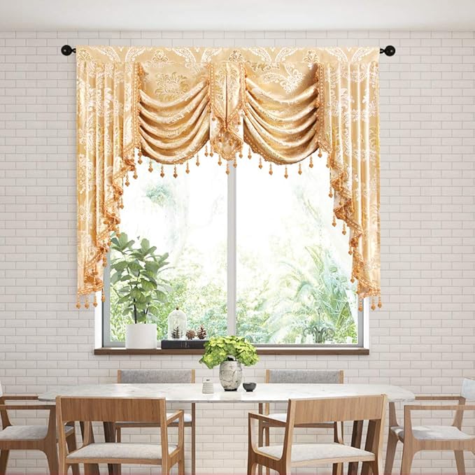 ELKCA Golden Jacquard Swag Waterfall Valance Luxury Curtain Valance - Image 2