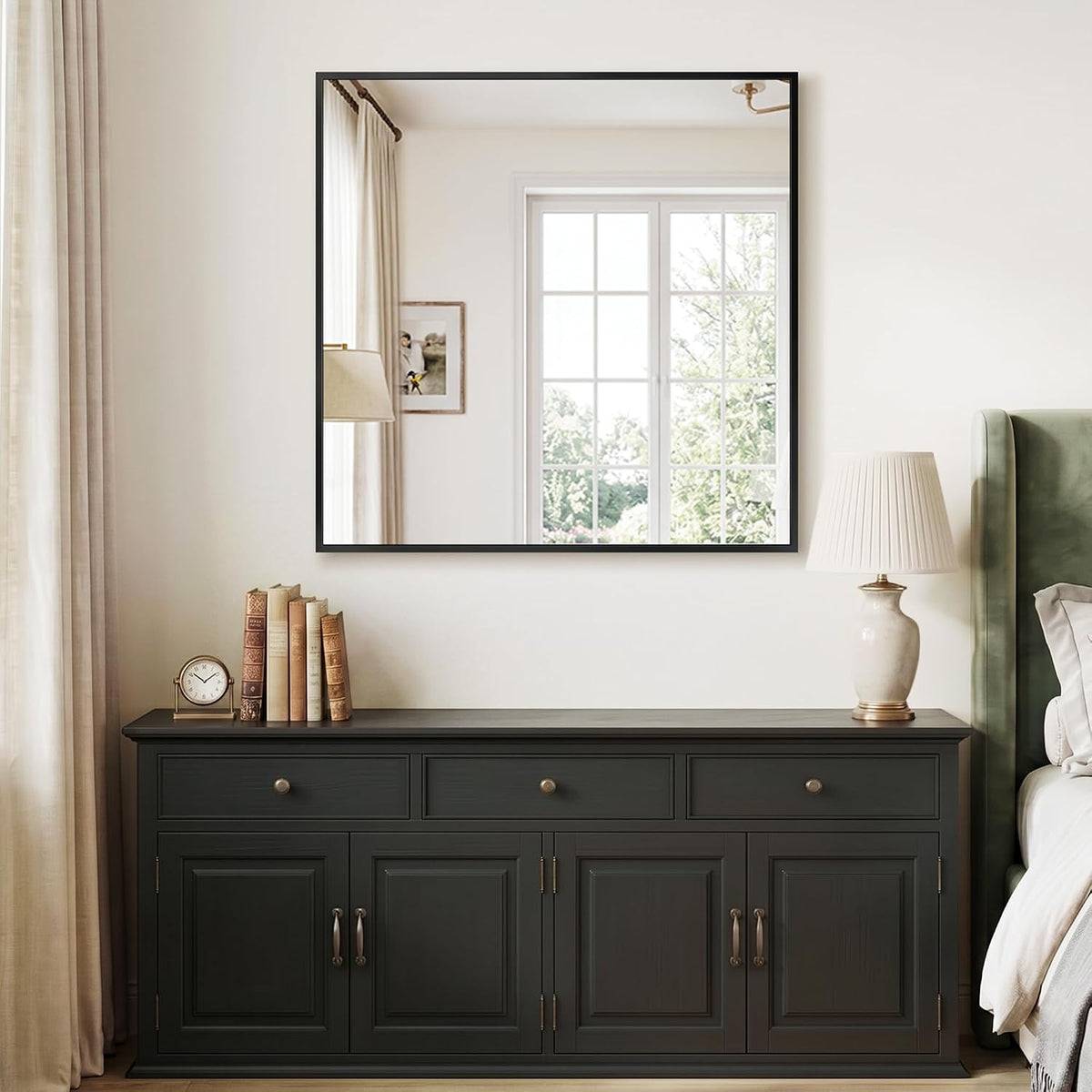 delma bathroom vanity mirror,30x30 black metal framed mirror, front angle view
