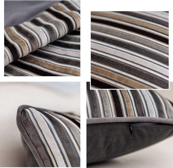 Yangest Grey Striped Throw Pillow Cover Multicolor Velvet Cushion Cover Modern - Image 3