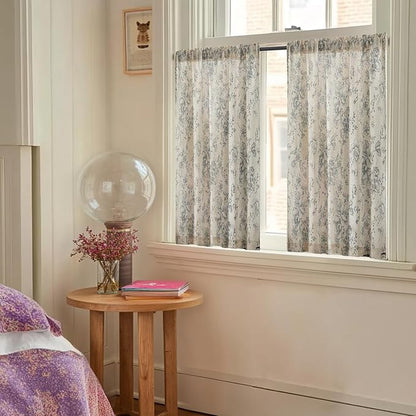 jinchan Floral Linen Tier Curtains Grey Flower on Beige Cafe Curtains 36 Inch - Image 2