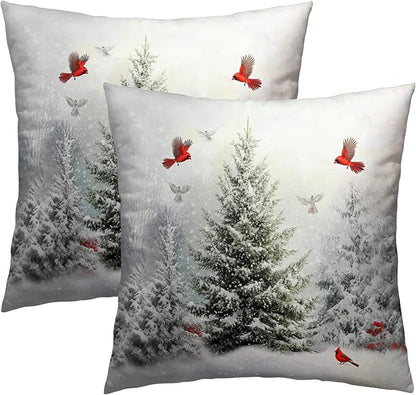 Winter Snowy Pine Tree Throw Pillow Covers 16x16 inch Set of 2 Xmas Red by Granbey