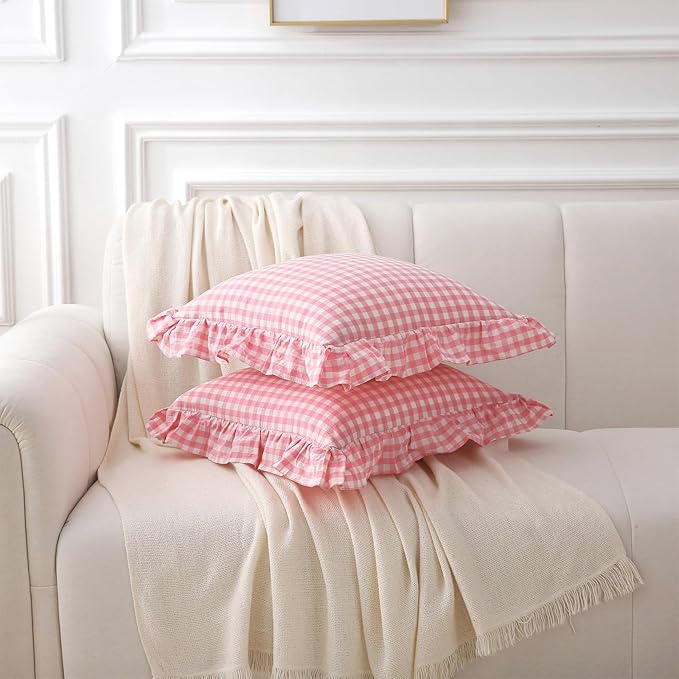 2 Pack Coral Pink White Plaid Ruffle Gingham Throw Pillow Covers, 100% Washed - Image 3