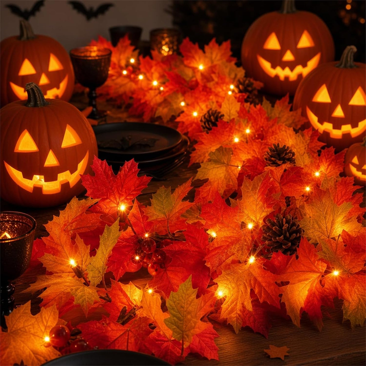 Fall Decorations Lighted Fall Garland with Pinecones and Berries, 9FT 50 Incandescent Bulb UL Certified Connectable Lush and Thicker Fall Garland with Lights for Halloween Thanksgiving Decor(2Packs)