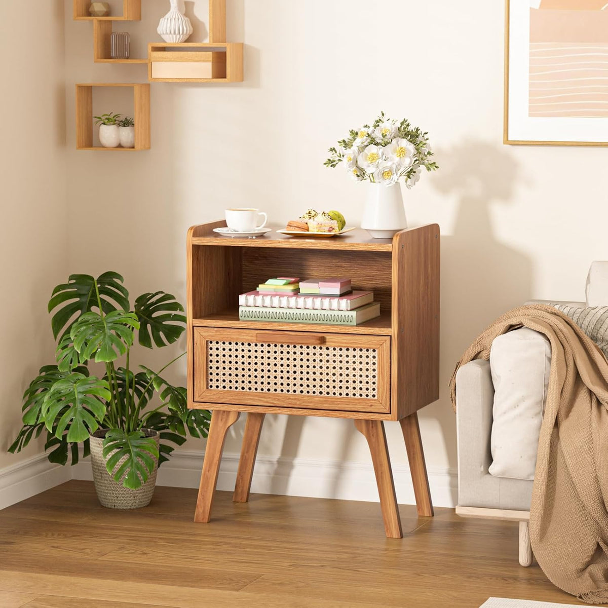 lerliuo rattan nightstand, side table with drawer open, front angle view