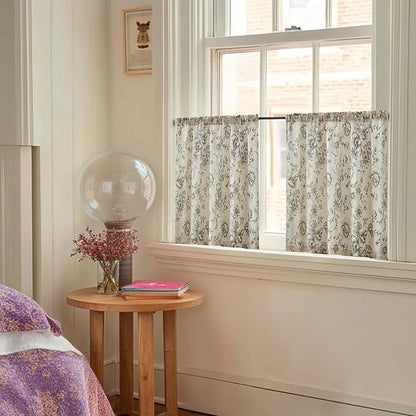 jinchan Floral Linen Tier Curtains 24 Inch Farmhouse Botanic Cafe Drapes - Image 2