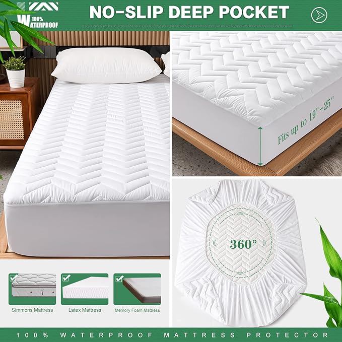 Unilibra King Size Waterproof Mattress Pad Rayon Made from Bamboo, Quilted - Image 5