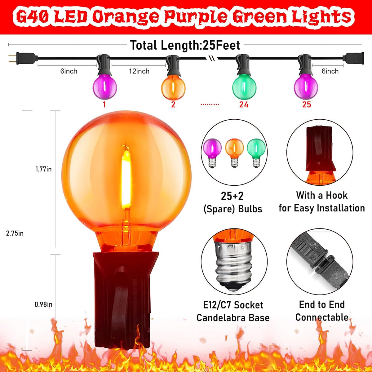 SUNSGNE 25FT Globe Outdoor Halloween String Lights G40 LED String Lights with 27 LED Shatterproof Clear Orange Green Purple Bulbs(2 Spare) for Patio Balcony Backyard Pergola Decor