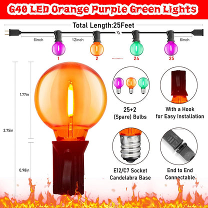 SUNSGNE 25FT Globe Outdoor Halloween String Lights G40 LED String Lights with 27 LED Shatterproof Clear Orange Green Purple Bulbs(2 Spare) for Patio Balcony Backyard Pergola Decor