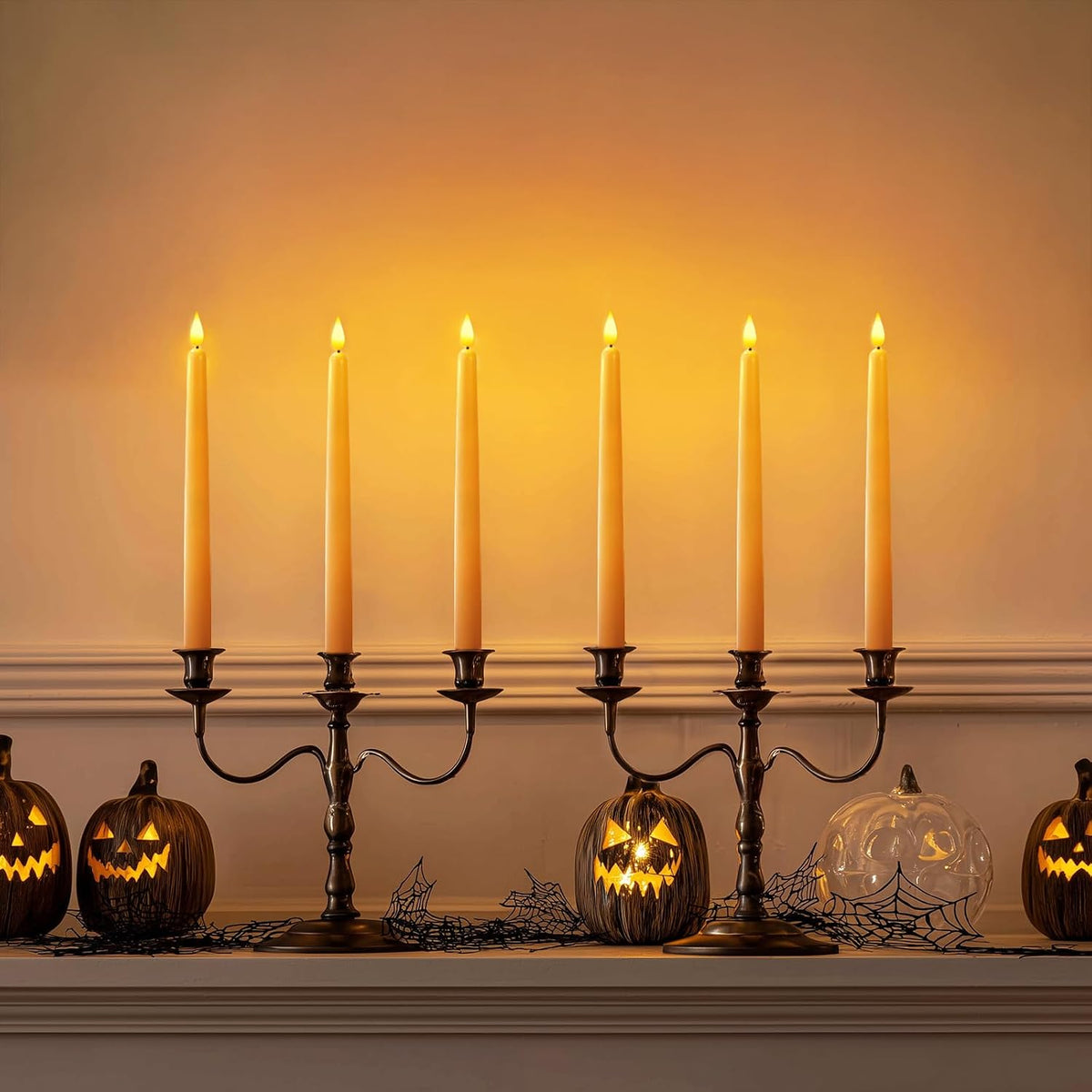 Homemory 12 Pcs Flameless Taper Candles with Remote Timer Dimmer, 11 inches Orange Taper Candles Battery Operated, Plastic LED Candlesticks with Flickering Flame for Halloween Decoration