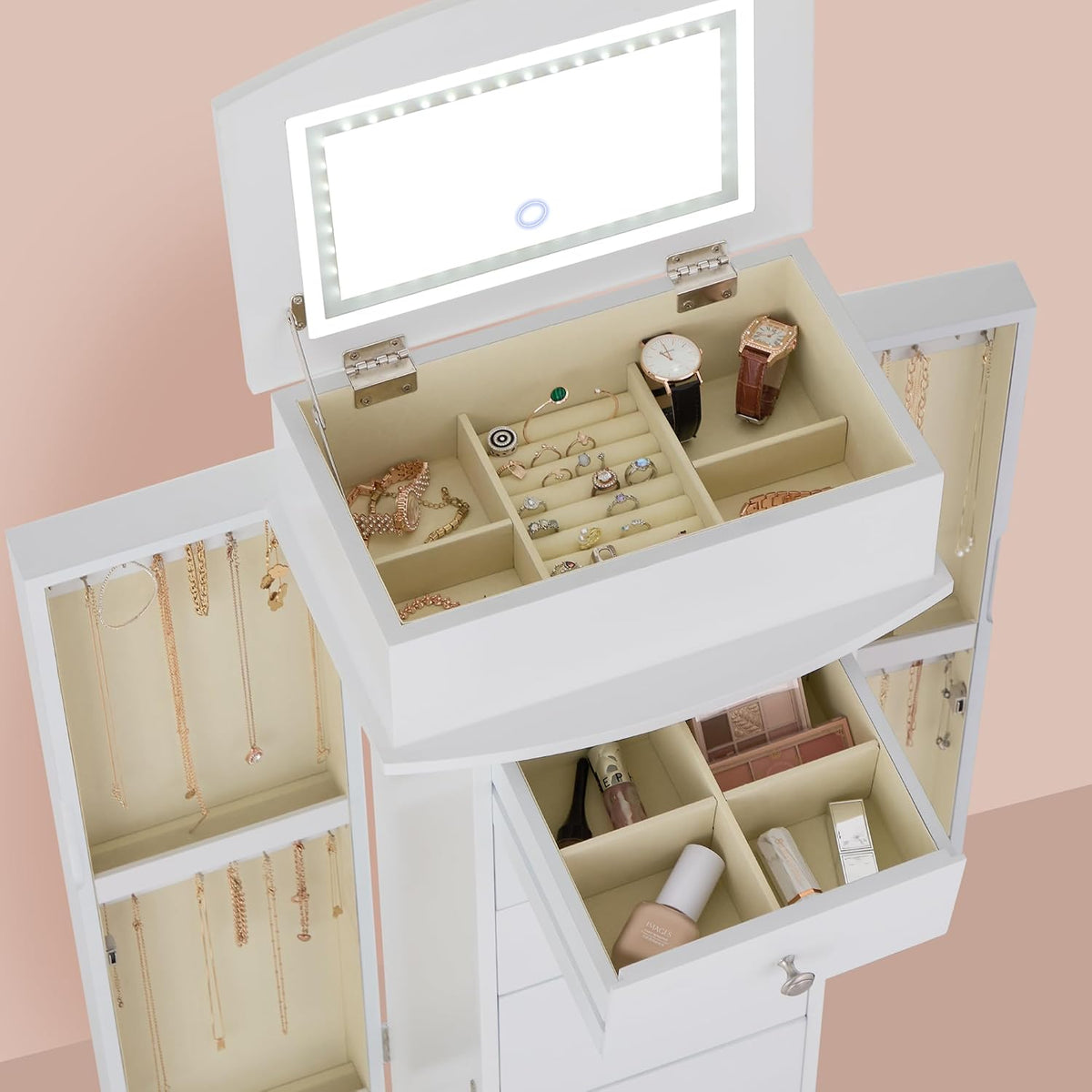ironck jewelry cabinet with led mirror and 6 showing dimensions