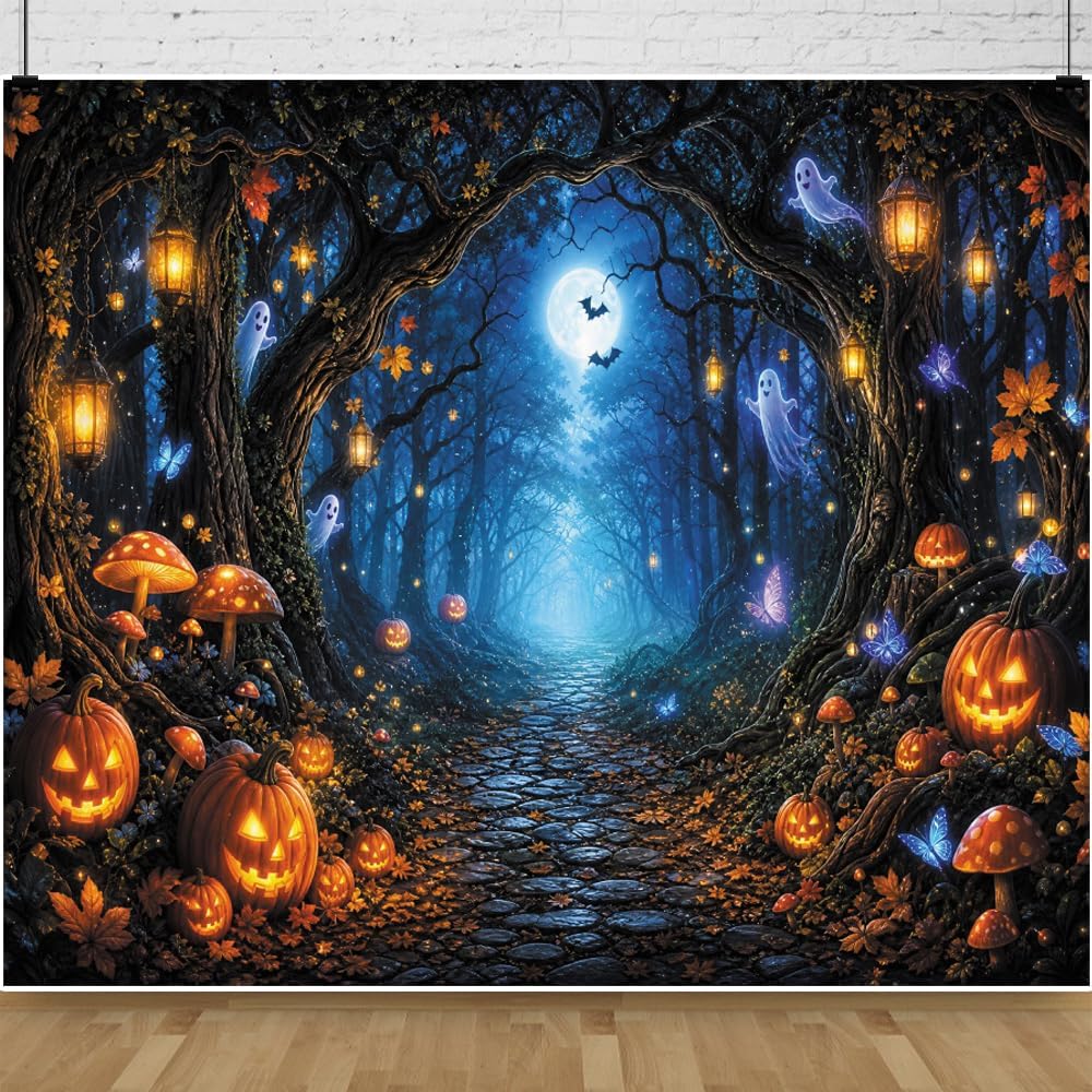 Leowefowa Halloween Enchanted Forest Backdrop 10x8ft Cute Ghost Glowing Lantern Evil Pumpkin Butterfly Photography Background for Halloween Party Magic Mushroome Photo Booth Props Vinyl