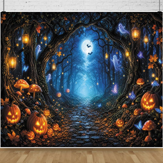 Leowefowa Halloween Enchanted Forest Backdrop 10x8ft Cute Ghost Glowing Lantern Evil Pumpkin Butterfly Photography Background for Halloween Party Magic Mushroome Photo Booth Props Vinyl