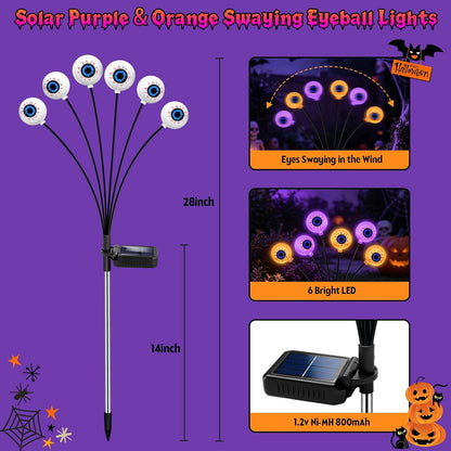 Halloween Decorations Outdoor, 4 Pack 24 LED Purple and Orange Solar Scary Eyeball Swaying Lights, Solar Firefly Light Waterproof Outdoor Lights for Halloween Yard Garden Party