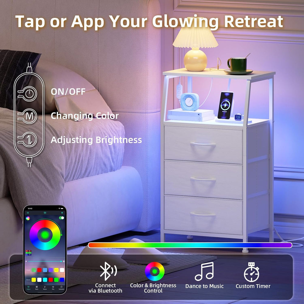 Somdot Nightstand with Charging Station, Smart LED Light, 3 Fabric Drawers
