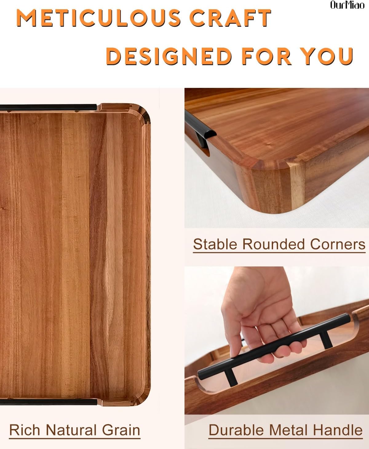 22-in acacia wood ottoman serving tray with handle showing dimensions