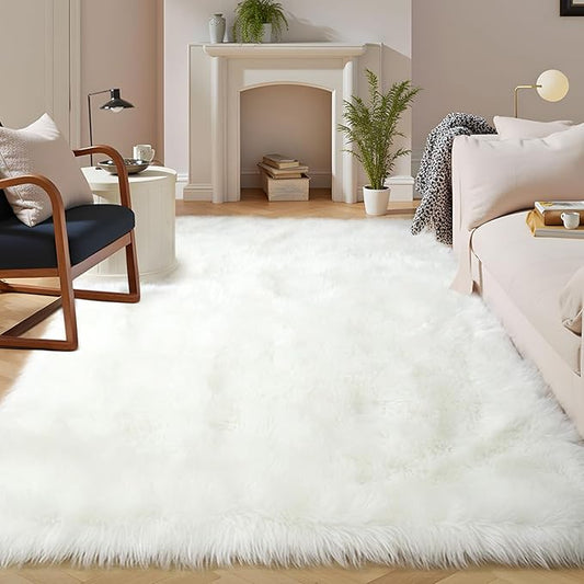 Latepis White Faux Fur Rug 8x10, Faux Fur Sheepskin Rug by Latepis