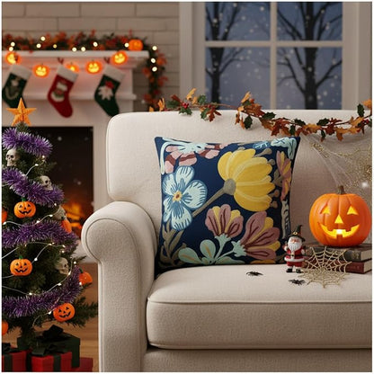 18x18 Embroidered Throw Pillow Covers Set – Blue Pumpkin Blossom Cotton - Image 9
