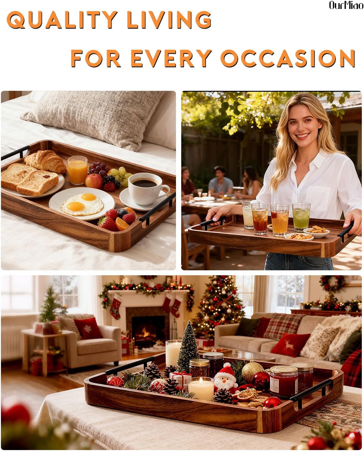 22-in acacia wood ottoman serving tray with handle, package contents