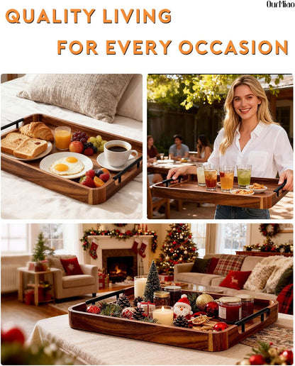 22-in acacia wood ottoman serving tray with handle, package contents