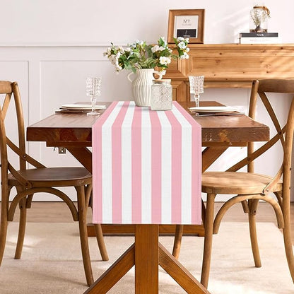 Pink and White Vertical Striped Table Runner Light Pink Birthday Party - Image 3