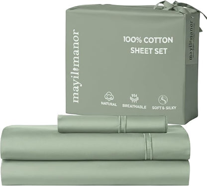 100% Natural Cotton Bed Sheets | 500 TC Single-Ply Sateen Weave Twin XL Sheets by MayilManor