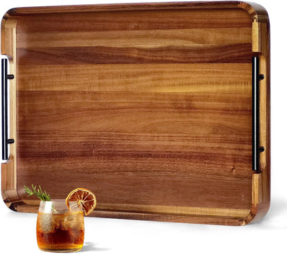 22-in acacia wood ottoman serving tray with handle, main product view