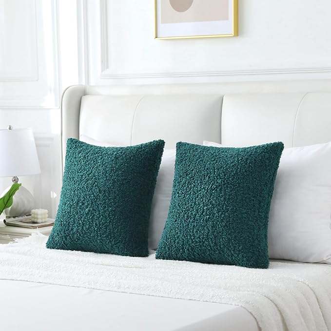FUTEI Dark Green Throw Pillow Covers 22x22 Inch Set of 2, Furry Faux Fur Teddy - Image 6