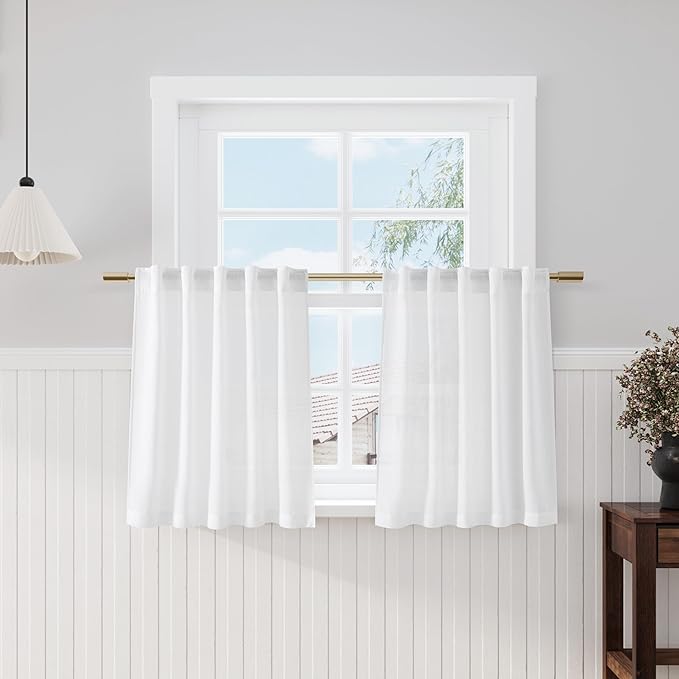 White Linen Kitchen Curtains 30 Inches Long 2 Panels Back Tab Rod Pocket by Nanspring