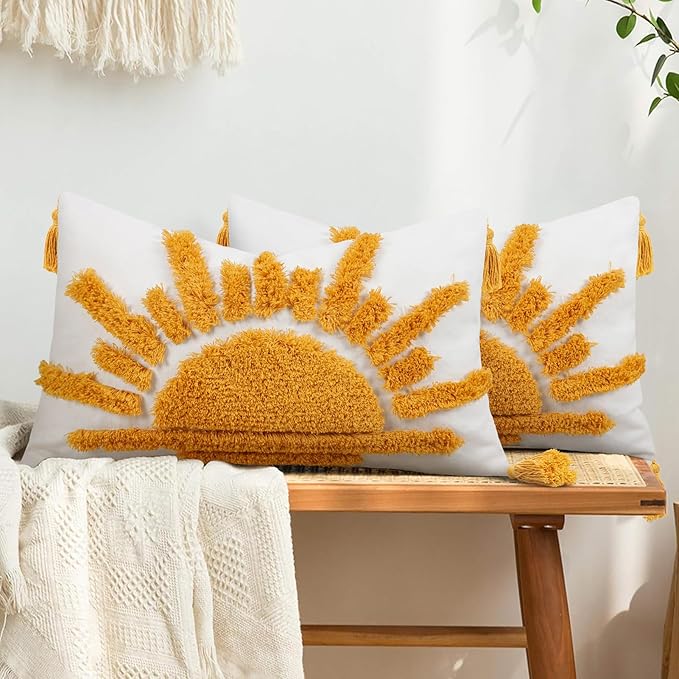 Adabana Boho Decorative Throw Pillow Covers 12x20 Tufted Yellow Sun Sunshine - Image 5