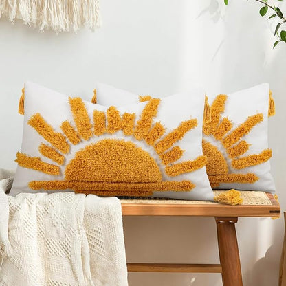 Adabana Boho Decorative Throw Pillow Covers 12x20 Tufted Yellow Sun Sunshine - Image 5