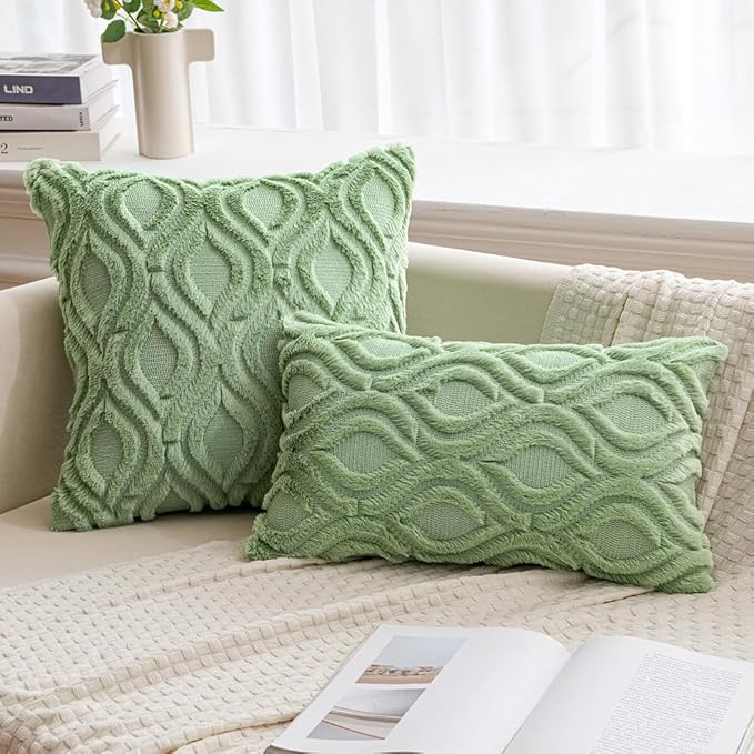 MIULEE Sage Green Throw Pillow Covers 12x20 Inch, Soft Spring Plush Faux Wool - Image 4